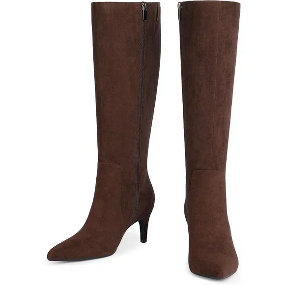 Women's Chocolate Tall Boots Pointed Toe Kitten Heel Side Zipper Knee High Boots